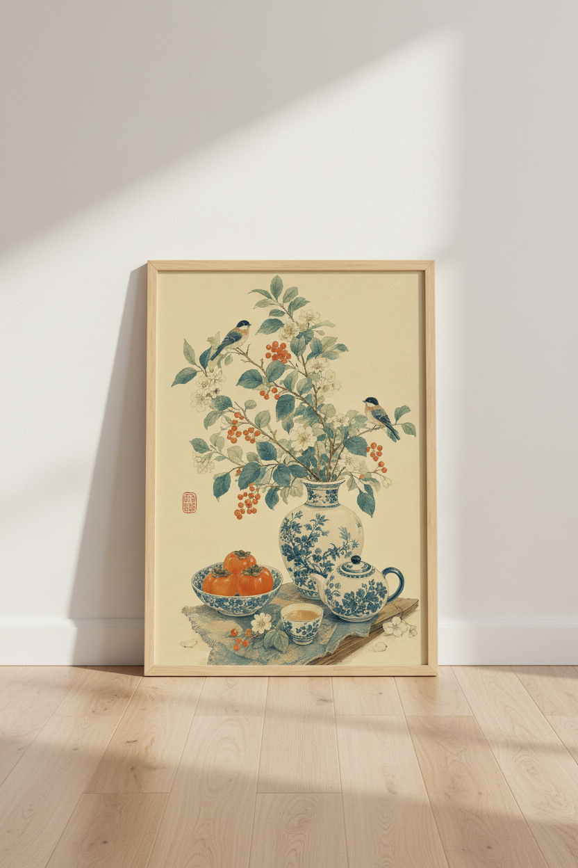 Japanese Still Life Wall Art | Chinoiserie Bird &amp; Botanical Print, Living Room Decor