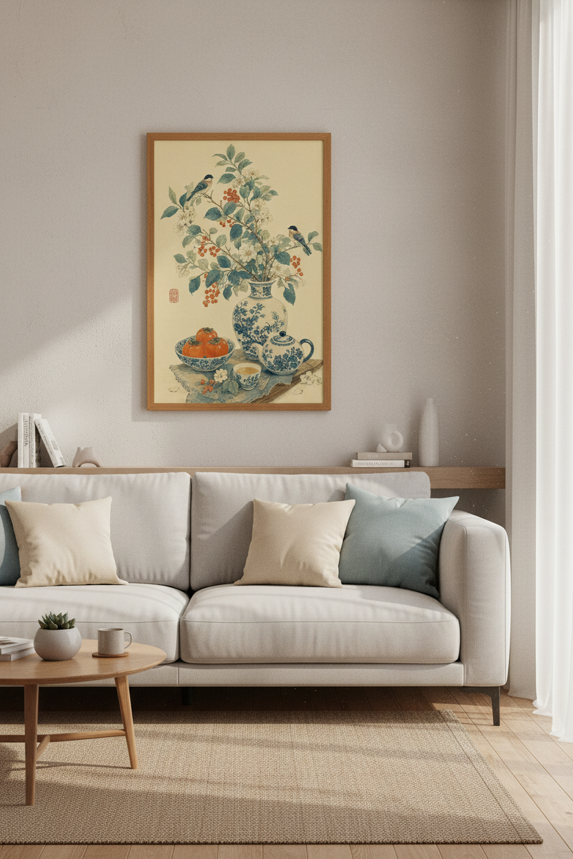 Japanese Still Life Wall Art | Chinoiserie Bird &amp; Botanical Print, Living Room Decor