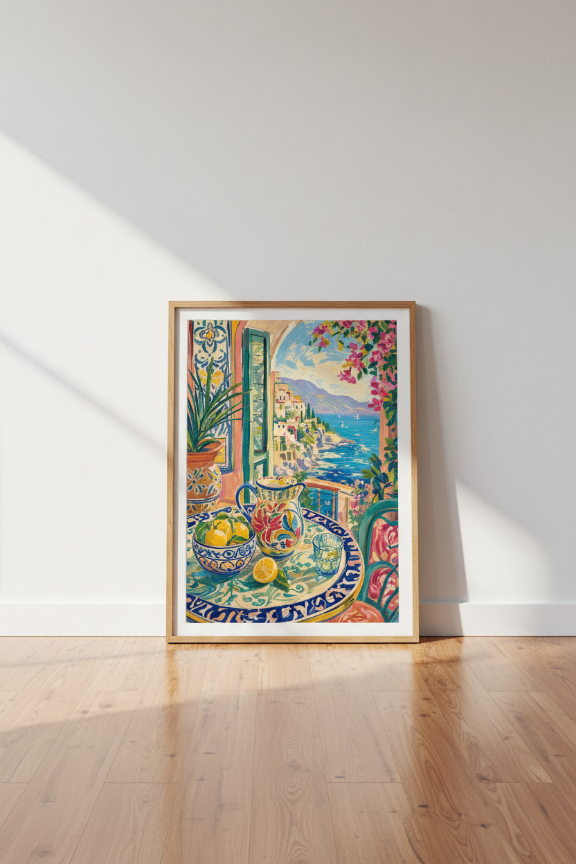 Amalfi Coast Painting | Mediterranean Lemon Balcony, Kitchen &amp; Living Room Decor