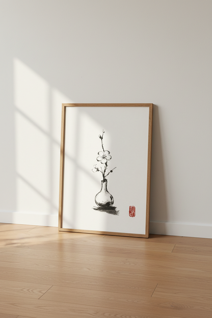 Zen Cherry Blossom Print | Minimalist Ink Wash Wall Art, Japandi Decor