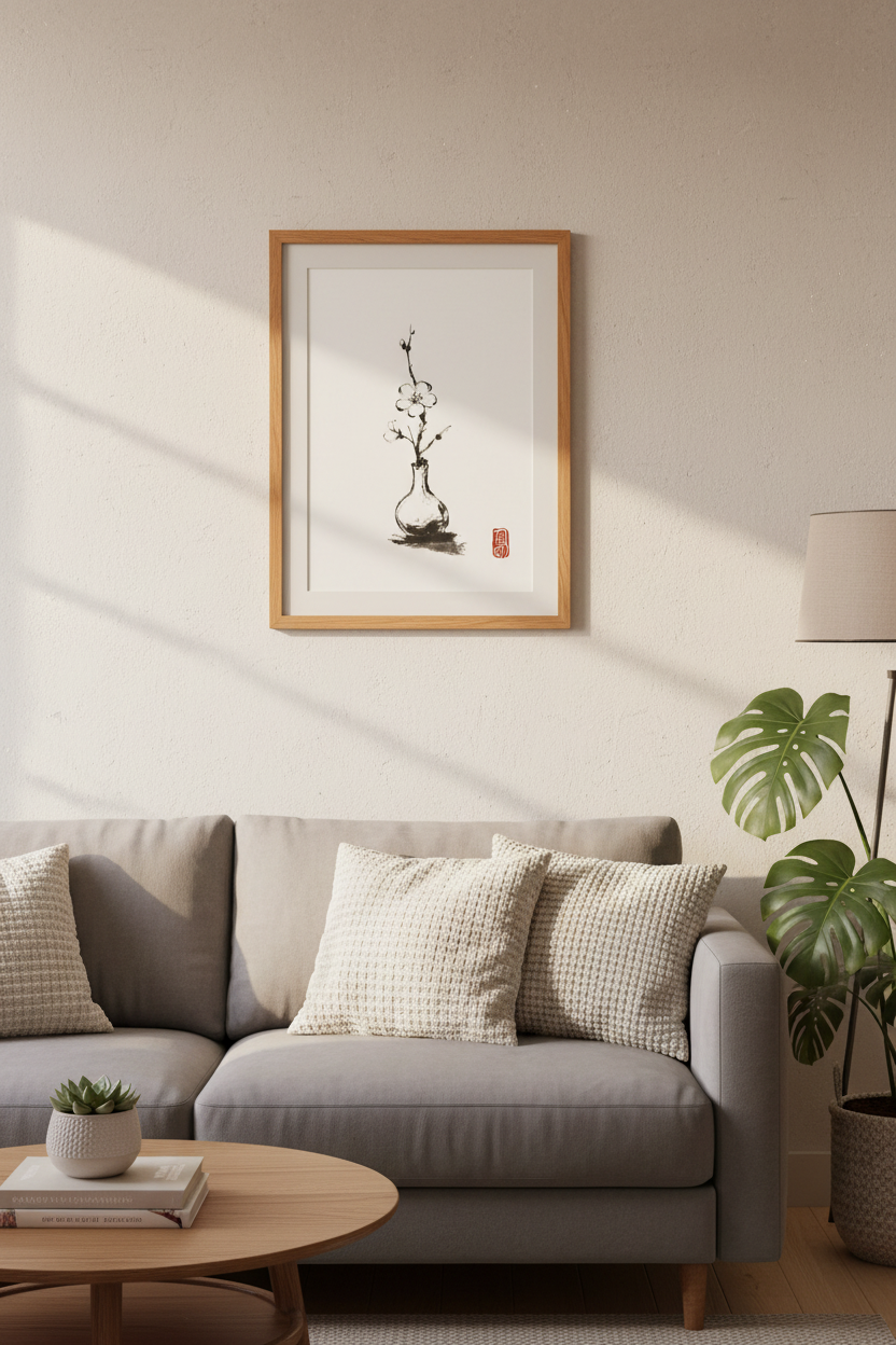 Zen Cherry Blossom Print | Minimalist Ink Wash Wall Art, Japandi Decor