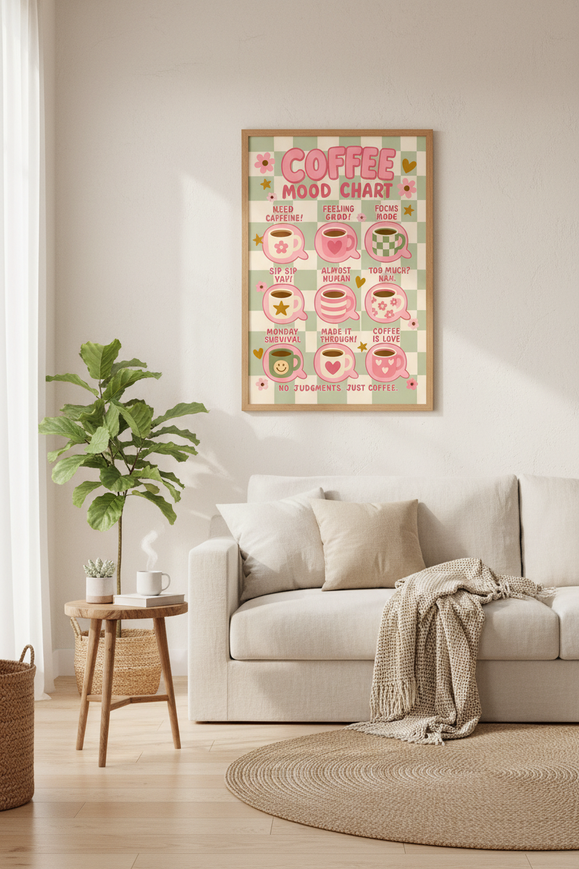 Pink Caffeine Wall Art Print | Retro Coffee Mood Chart, Sage Green Kitchen Decor