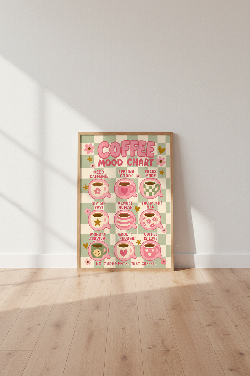 Pink Caffeine Wall Art Print | Retro Coffee Mood Chart, Sage Green Kitchen Decor