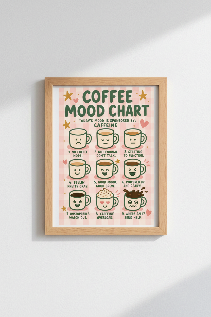 Retro Coffee Mood Chart Print | Kitchen Decor | Aesthetic Pink Checkered Poster