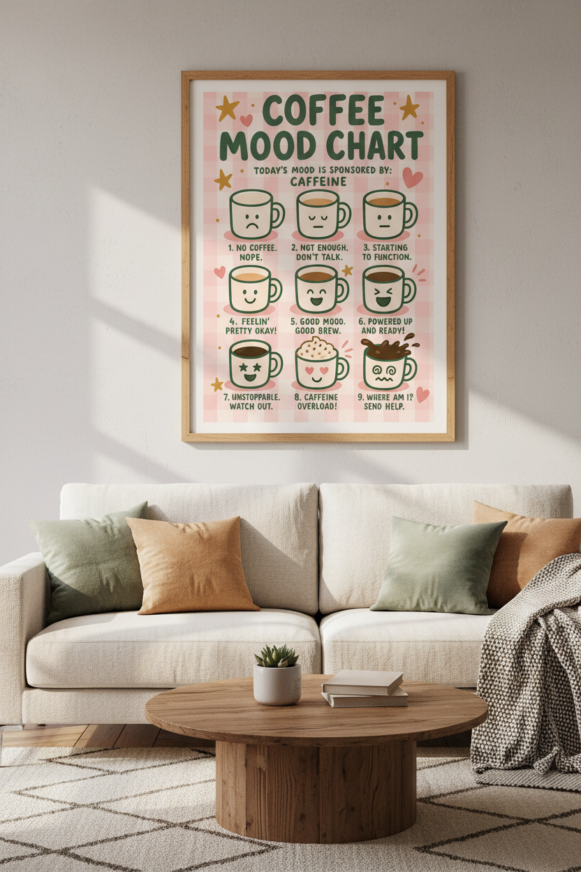 Retro Coffee Mood Chart Print | Kitchen Decor | Aesthetic Pink Checkered Poster