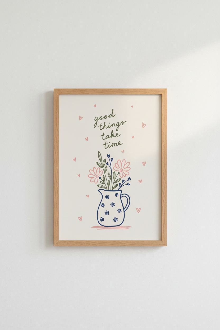 Floral Quote Wall Art | Good Things Take Time Poster | Aesthetic Room Decor