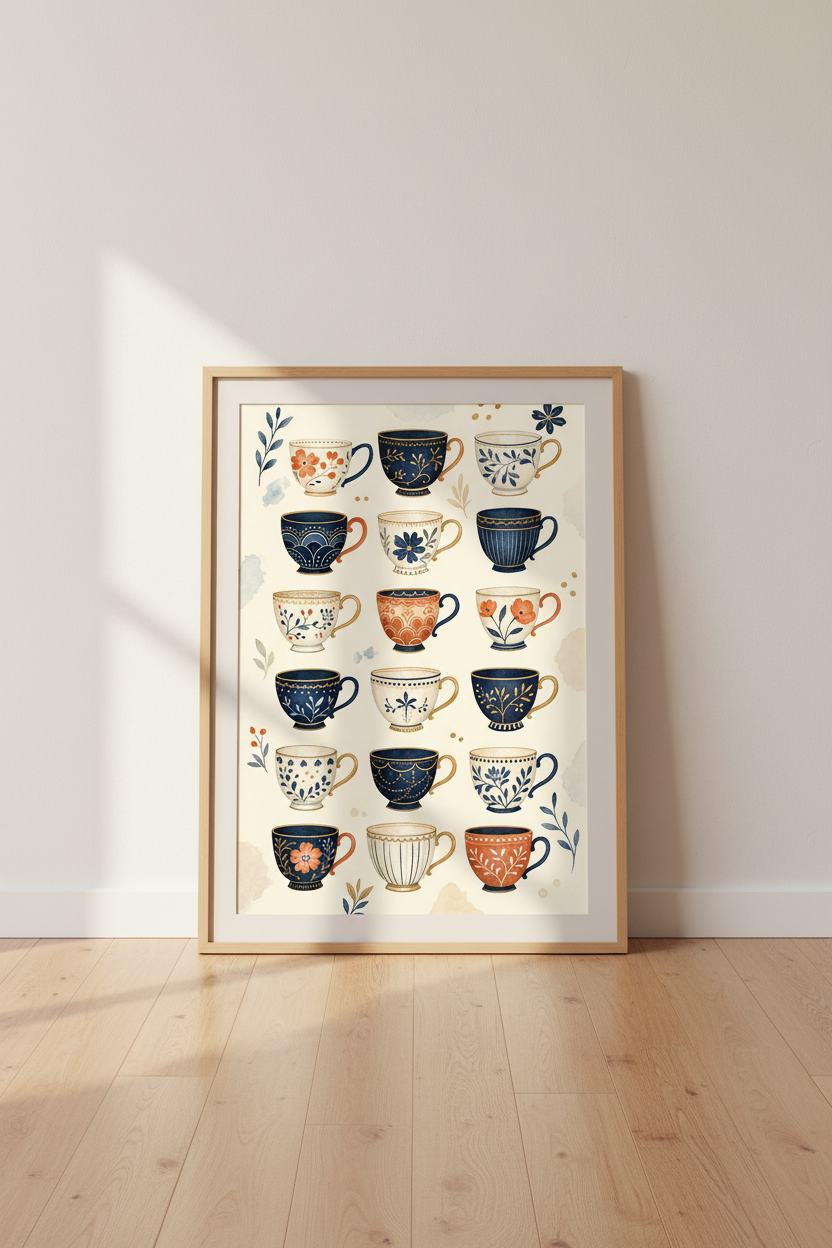 Watercolor Teacup Collection | Navy &amp; Terracotta Floral, Kitchen Wall Art Print