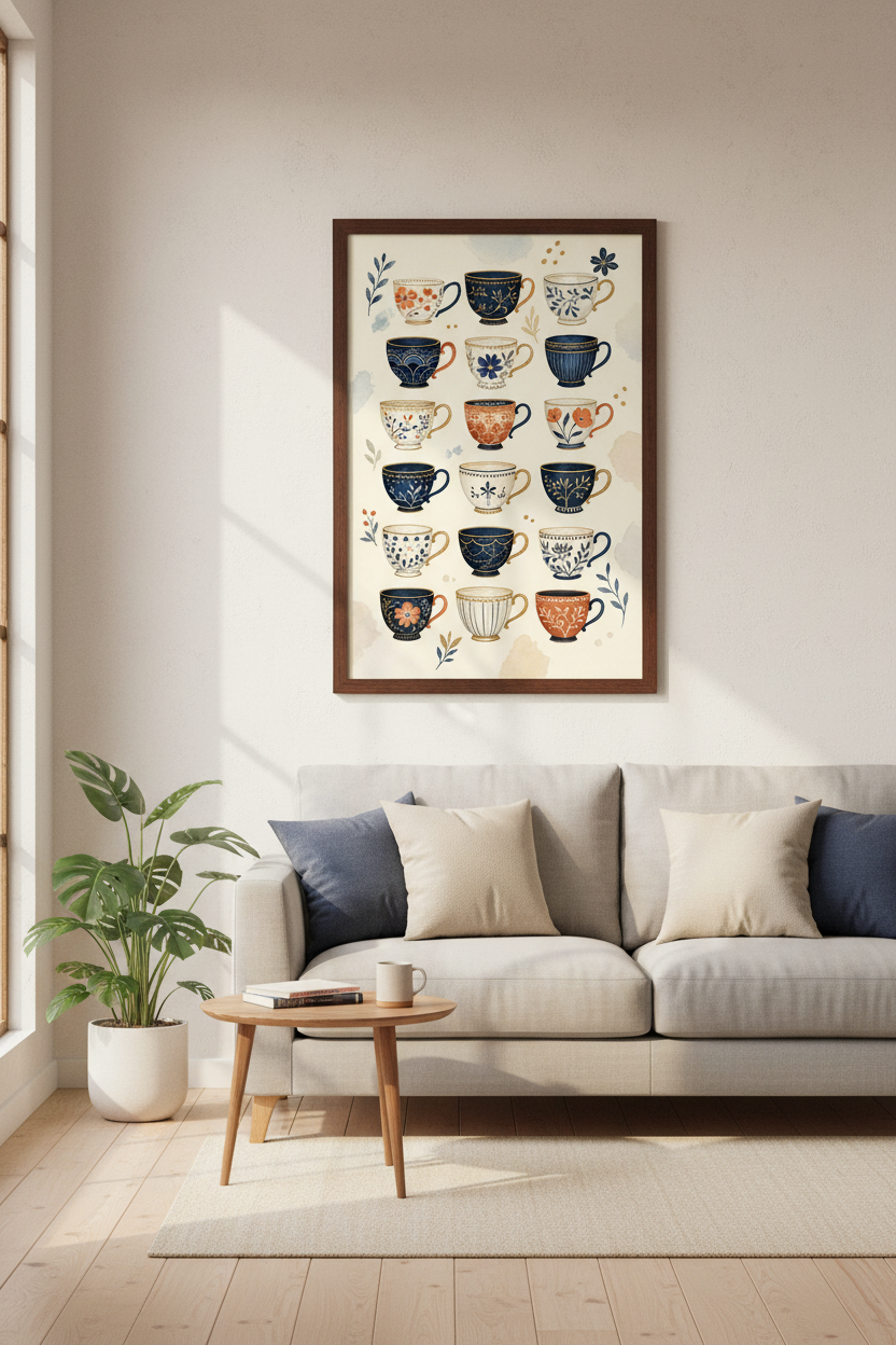 Watercolor Teacup Collection | Navy &amp; Terracotta Floral, Kitchen Wall Art Print