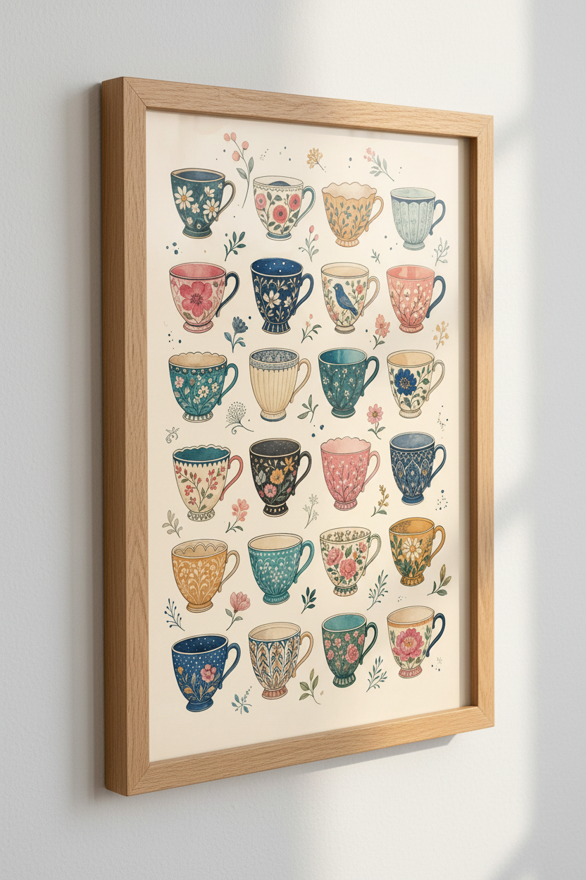Vintage Floral Teacup Wall Art | Kitchen Decor | Whimsical Watercolor Poster