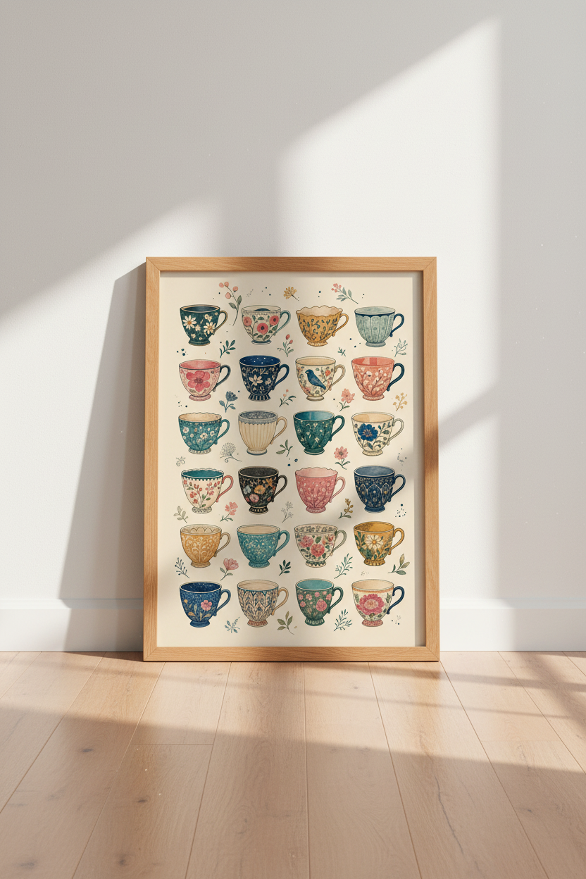 Vintage Floral Teacup Wall Art | Kitchen Decor | Whimsical Watercolor Poster