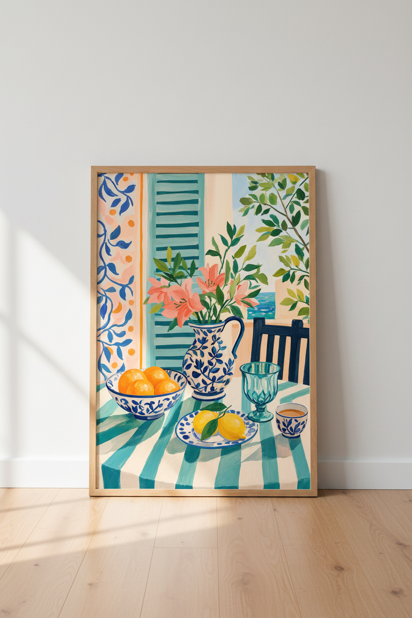 Mediterranean Still Life Wall Art | Coastal Citrus Poster, Sunroom Decor