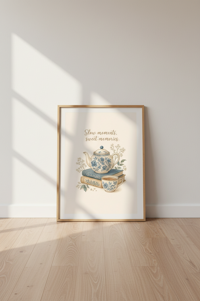 Teapot and Books Vintage Art Print | Kitchen Wall Decor | Cottagecore Aesthetic Poster