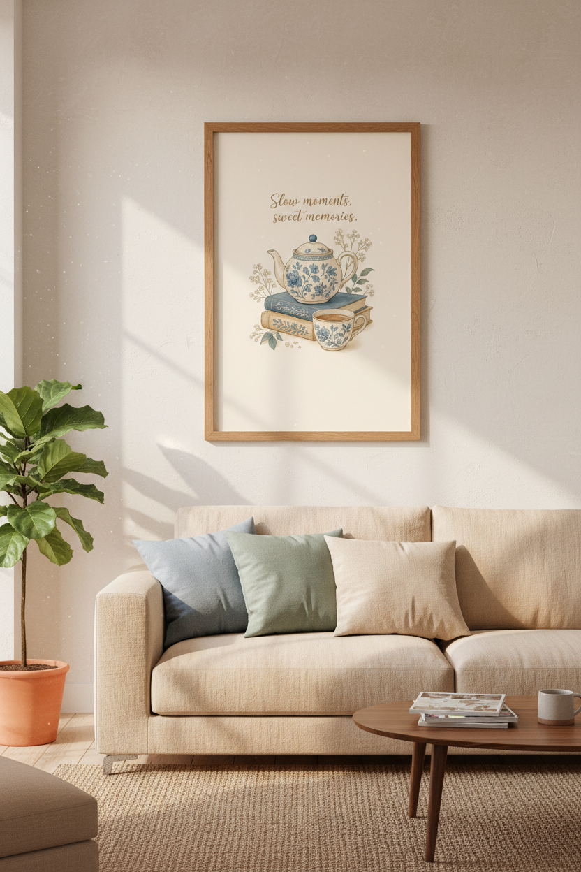 Teapot and Books Vintage Art Print | Kitchen Wall Decor | Cottagecore Aesthetic Poster