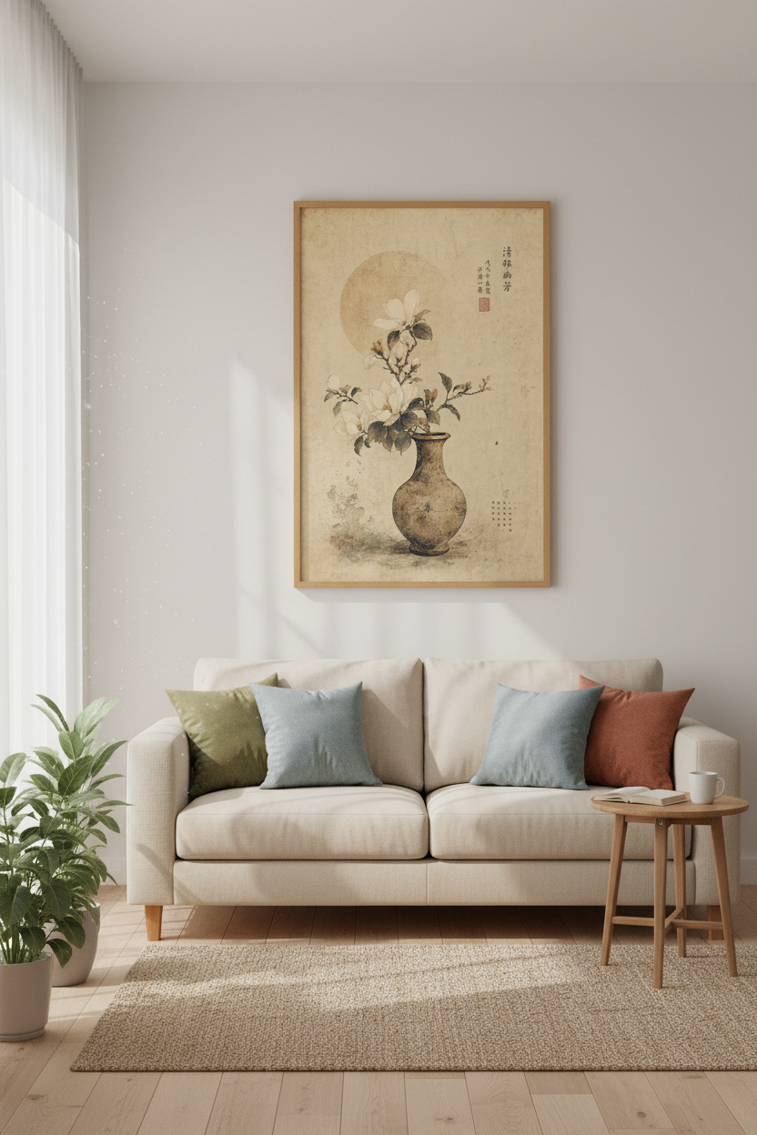 Japanese Magnolia Wall Art Print | Ink Flower Vase Poster | Zen Home Decor