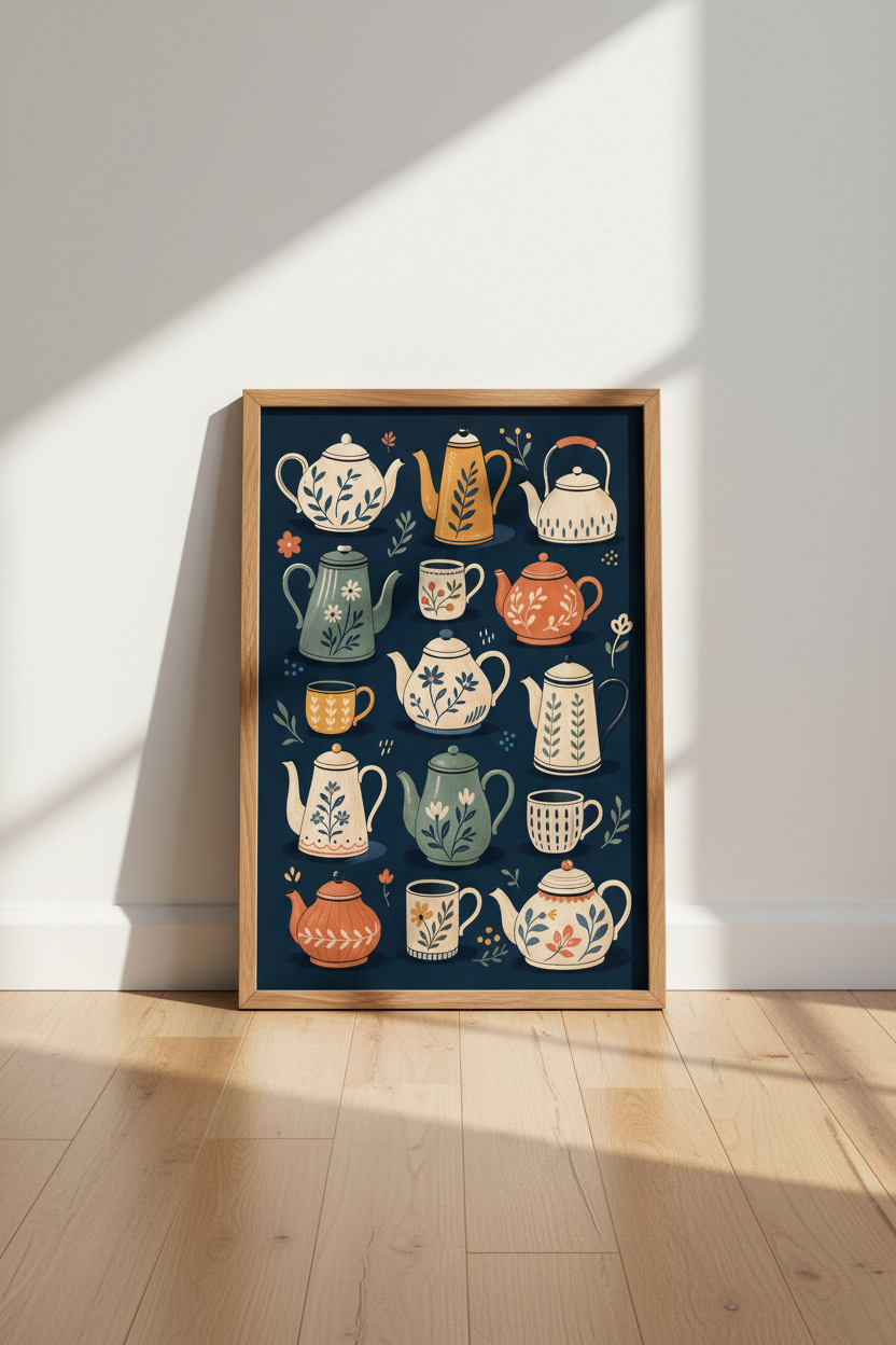 Vintage Teapot Collection Wall Art | Cottagecore Kitchen Decor | Folk Art Poster
