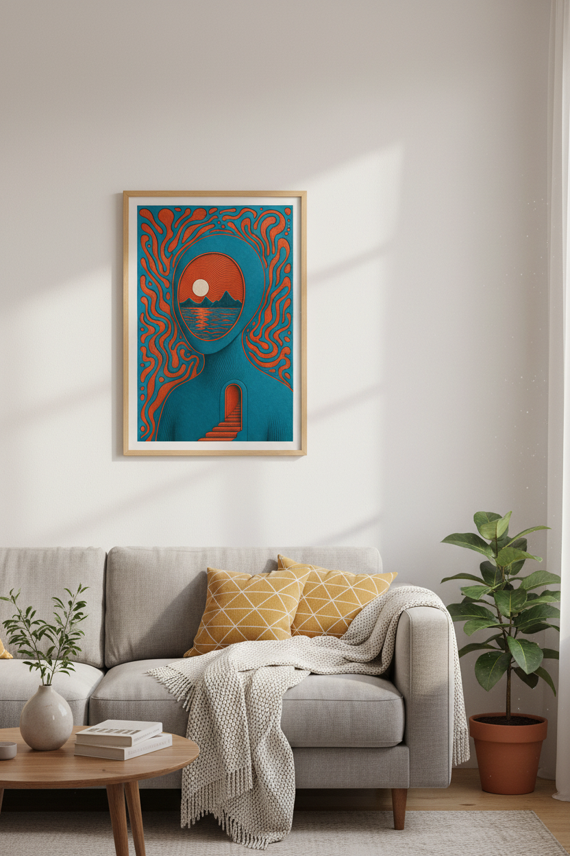 Surreal Mindscape | Psychedelic Orange &amp; Teal Art, Modern Living Room Decor