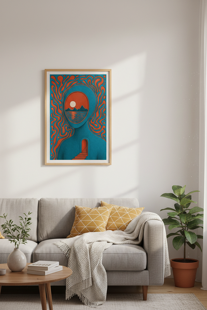 Surreal Mindscape | Psychedelic Orange &amp; Teal Art, Modern Living Room Decor