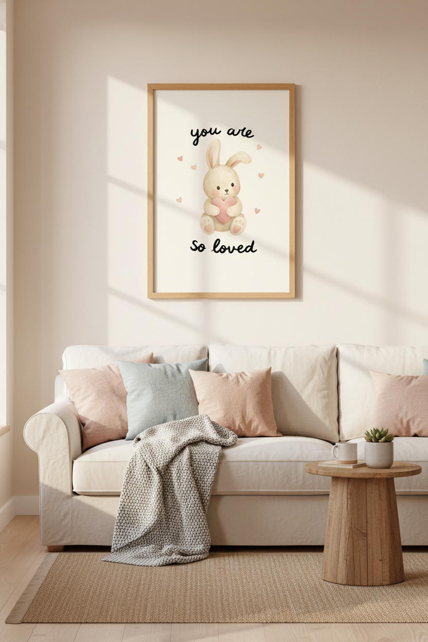 bunny wall art print | Watercolor pastel, Nursery decor | Adorable rabbit poster