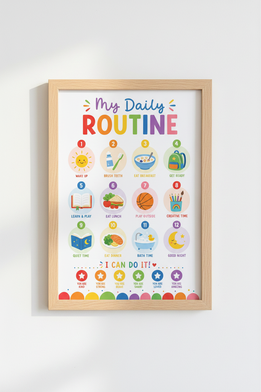 Daily Routine Kids Wall Art | Rainbow Educational Poster, Nursery Decor