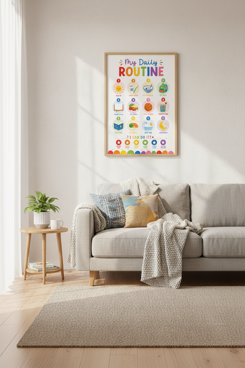 Daily Routine Kids Wall Art | Rainbow Educational Poster, Nursery Decor
