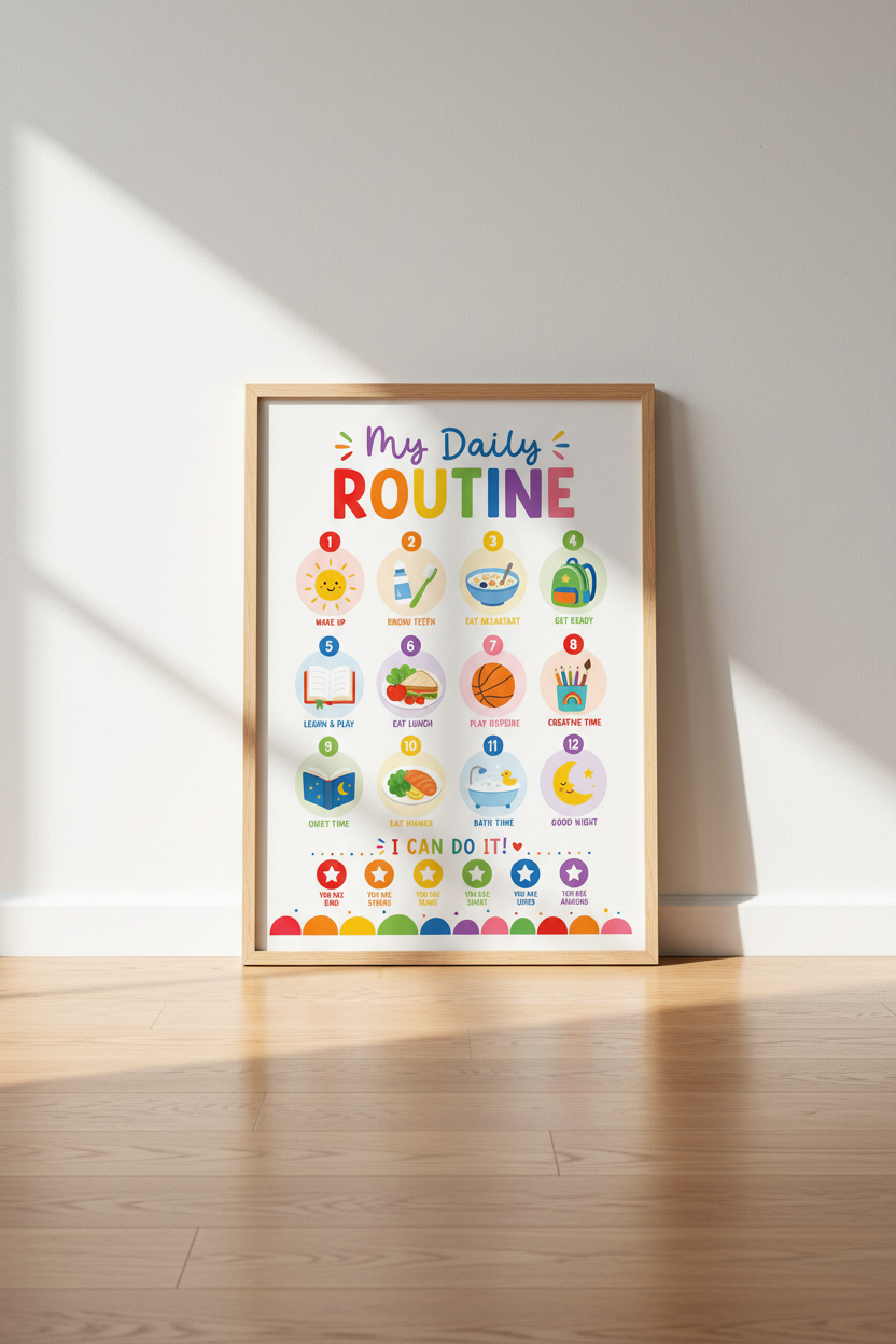 Daily Routine Kids Wall Art | Rainbow Educational Poster, Nursery Decor