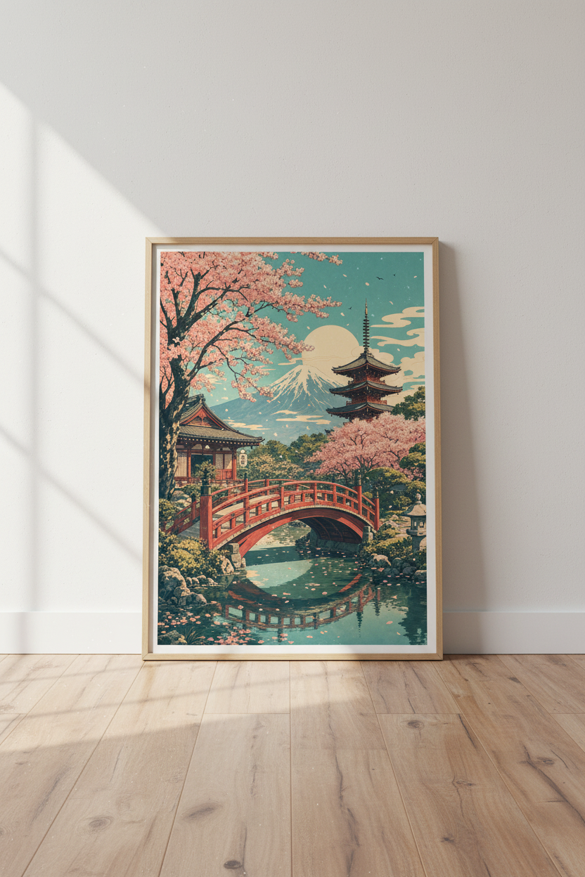 Japanese Landscape Wall Art | Mt Fuji Cherry Blossom, Pagoda Print Zen Decor