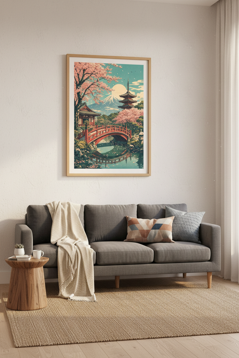 Japanese Landscape Wall Art | Mt Fuji Cherry Blossom, Pagoda Print Zen Decor