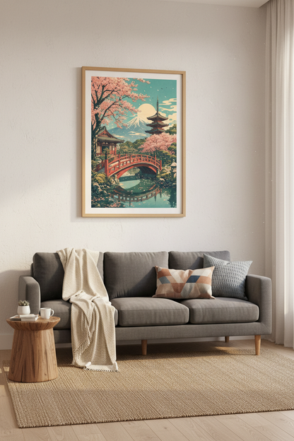 Japanese Landscape Wall Art | Mt Fuji Cherry Blossom, Pagoda Print Zen Decor