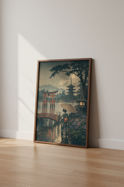 Japanese Ukiyo-e Landscape Wall Art | Rainy Kyoto Pagoda Print | Moody Vintage Poster
