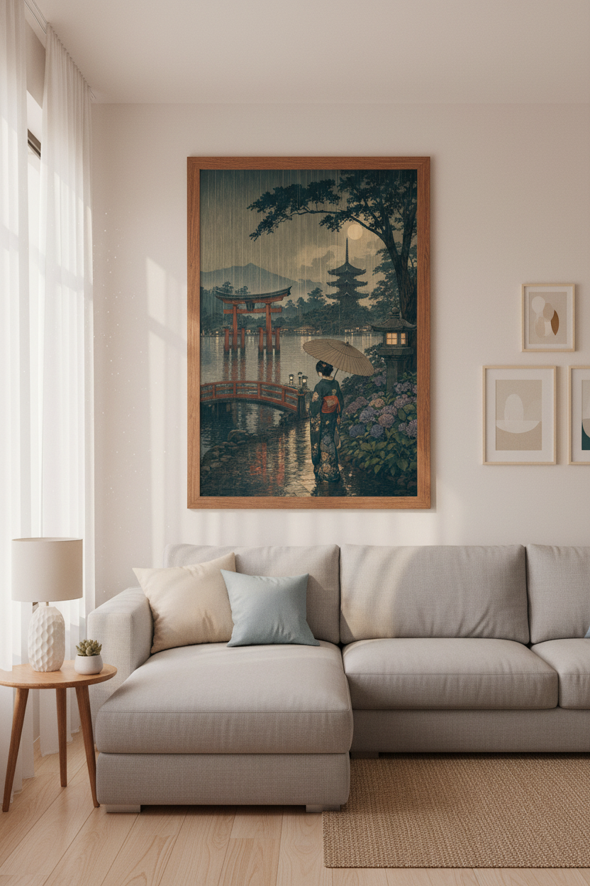 Japanese Ukiyo-e Landscape Wall Art | Rainy Kyoto Pagoda Print | Moody Vintage Poster
