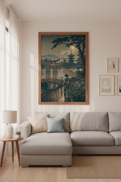 Japanese Ukiyo-e Landscape Wall Art | Rainy Kyoto Pagoda Print | Moody Vintage Poster