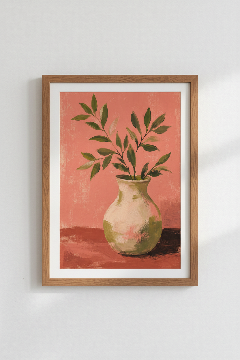 Terracotta Botanical Art Print | Pink Floral Vase Poster, Earthy Boho Living Room Decor