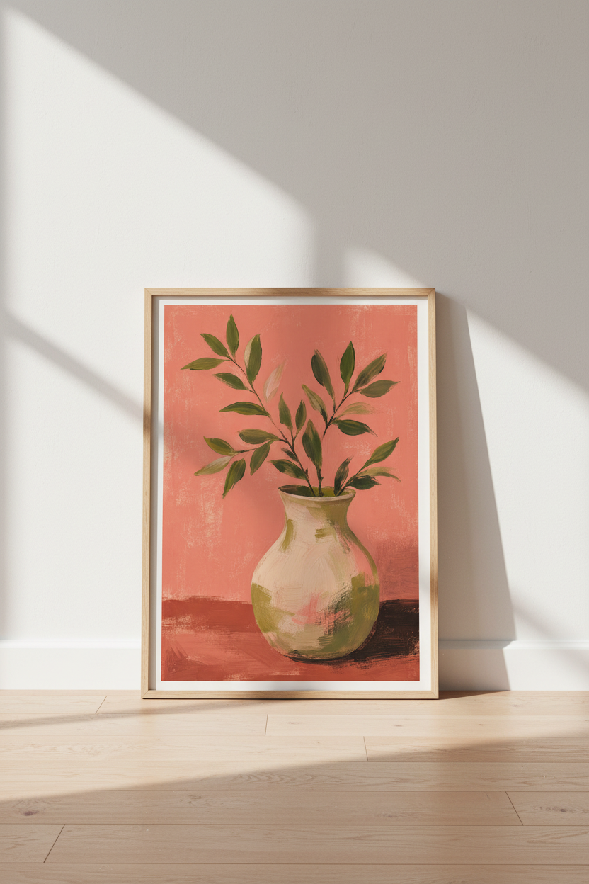 Terracotta Botanical Art Print | Pink Floral Vase Poster, Earthy Boho Living Room Decor