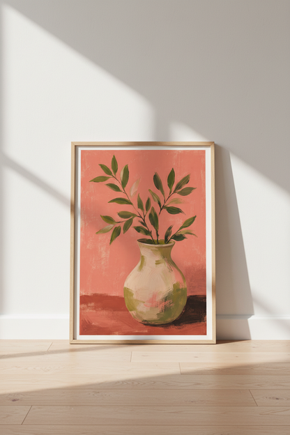 Terracotta Botanical Art Print | Pink Floral Vase Poster, Earthy Boho Living Room Decor