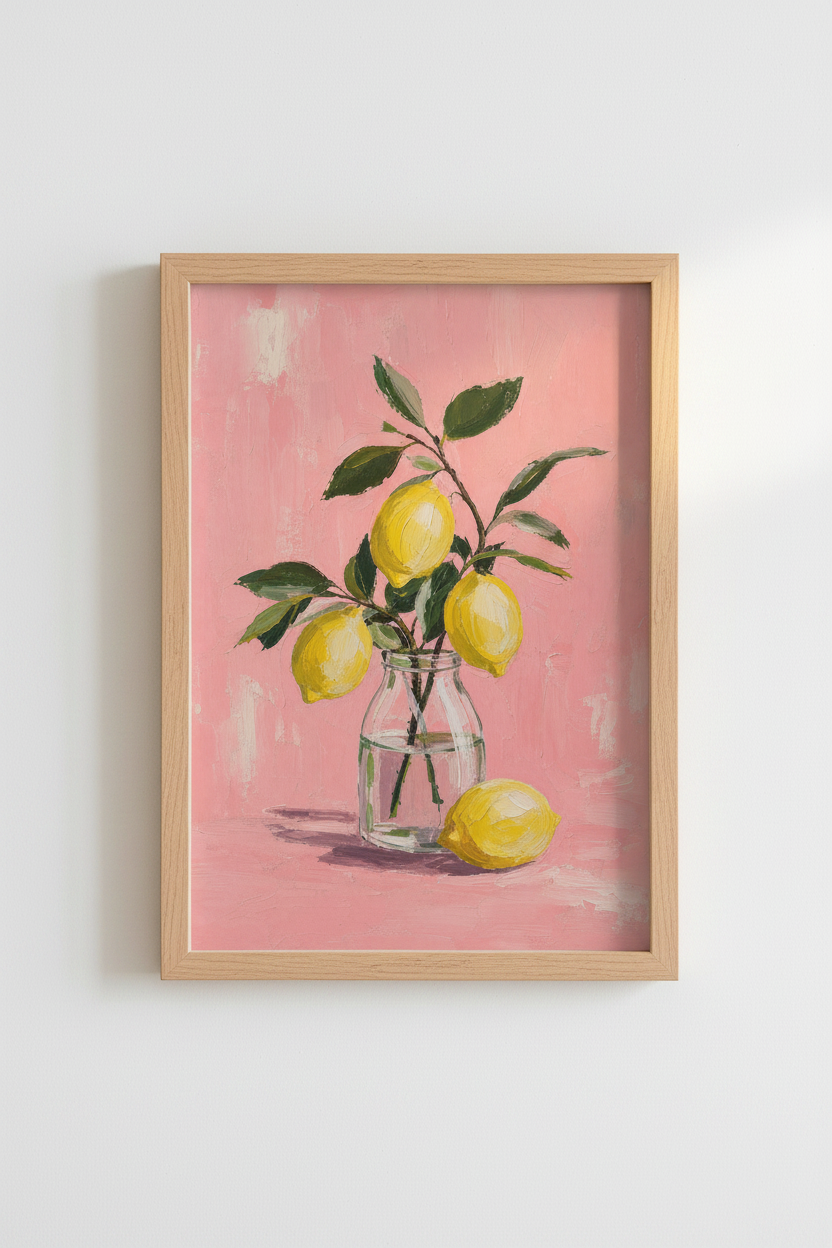 Lemon Kitchen Wall Art Print | Pink Mediterranean Decor | Oil Painting Poster