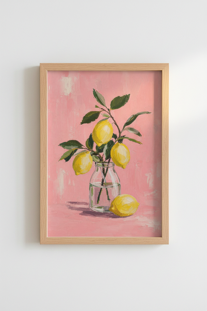 Lemon Kitchen Wall Art Print | Pink Mediterranean Decor | Oil Painting Poster