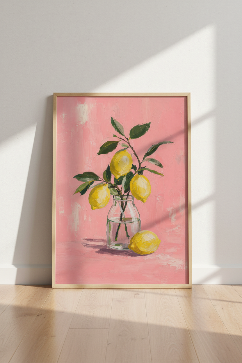 Lemon Kitchen Wall Art Print | Pink Mediterranean Decor | Oil Painting Poster