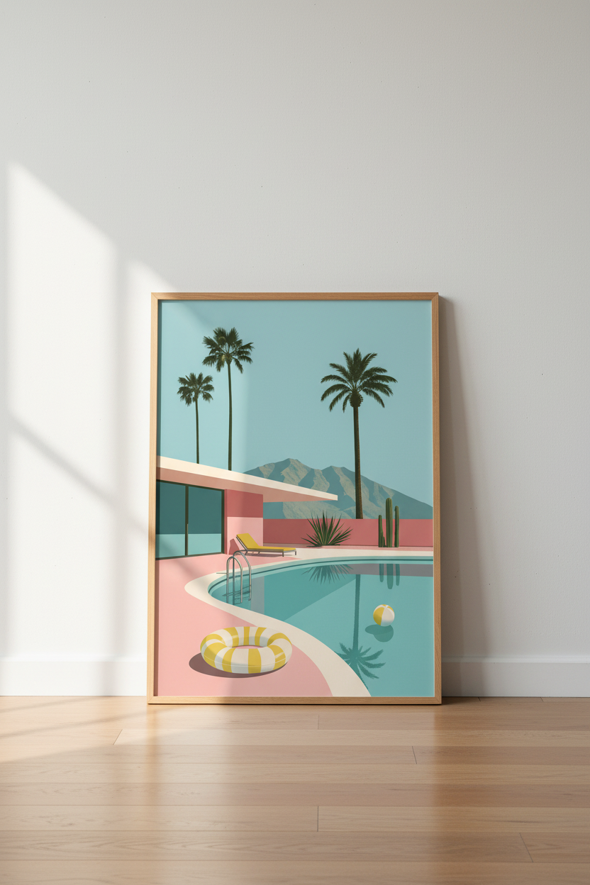 Palm Springs Pool Side Art | Mid Century Modern Pink House Print, Retro Room Decor