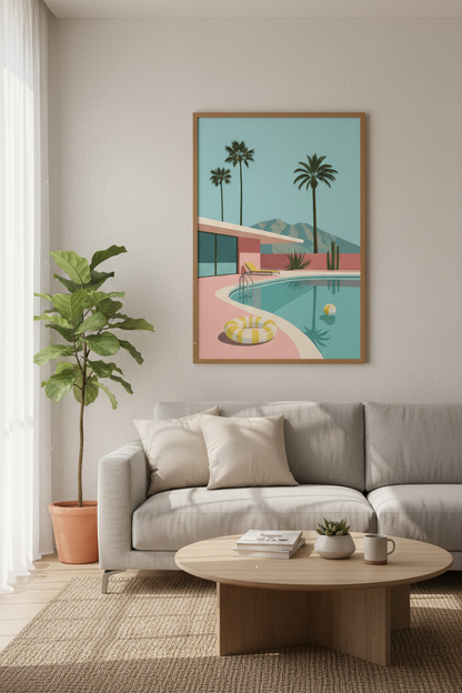 Palm Springs Pool Side Art | Mid Century Modern Pink House Print, Retro Room Decor