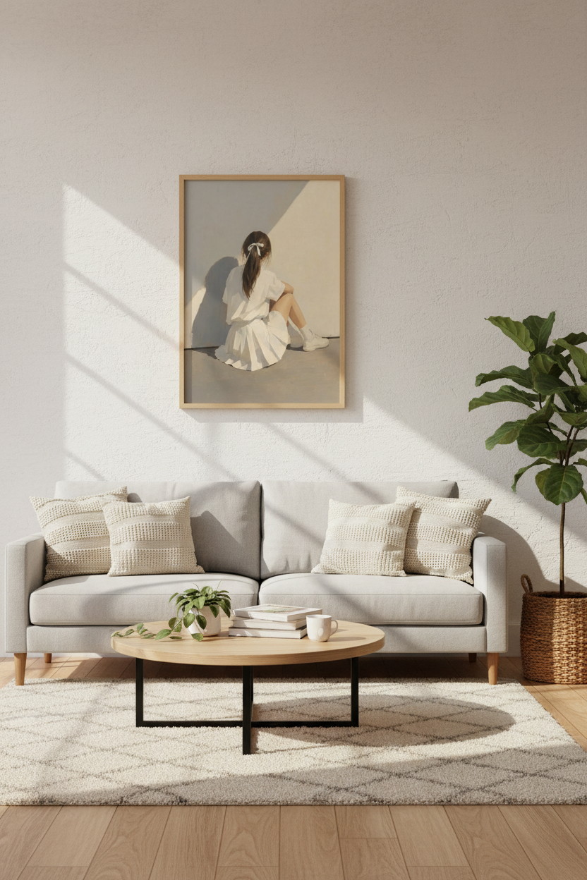 Aesthetic Girl Wall Art Print | Minimalist Oil Style, Neutral Bedroom Decor Poster