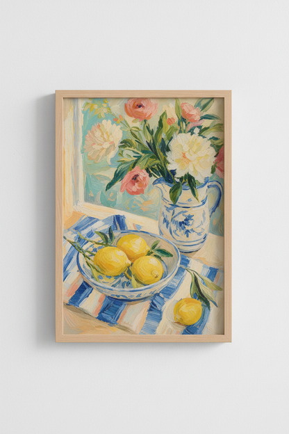 French Country Wall Art Print | Lemon &amp; Floral Oil Painting, Kitchen Decor Poster