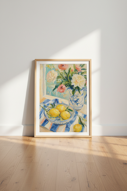French Country Wall Art Print | Lemon &amp; Floral Oil Painting, Kitchen Decor Poster