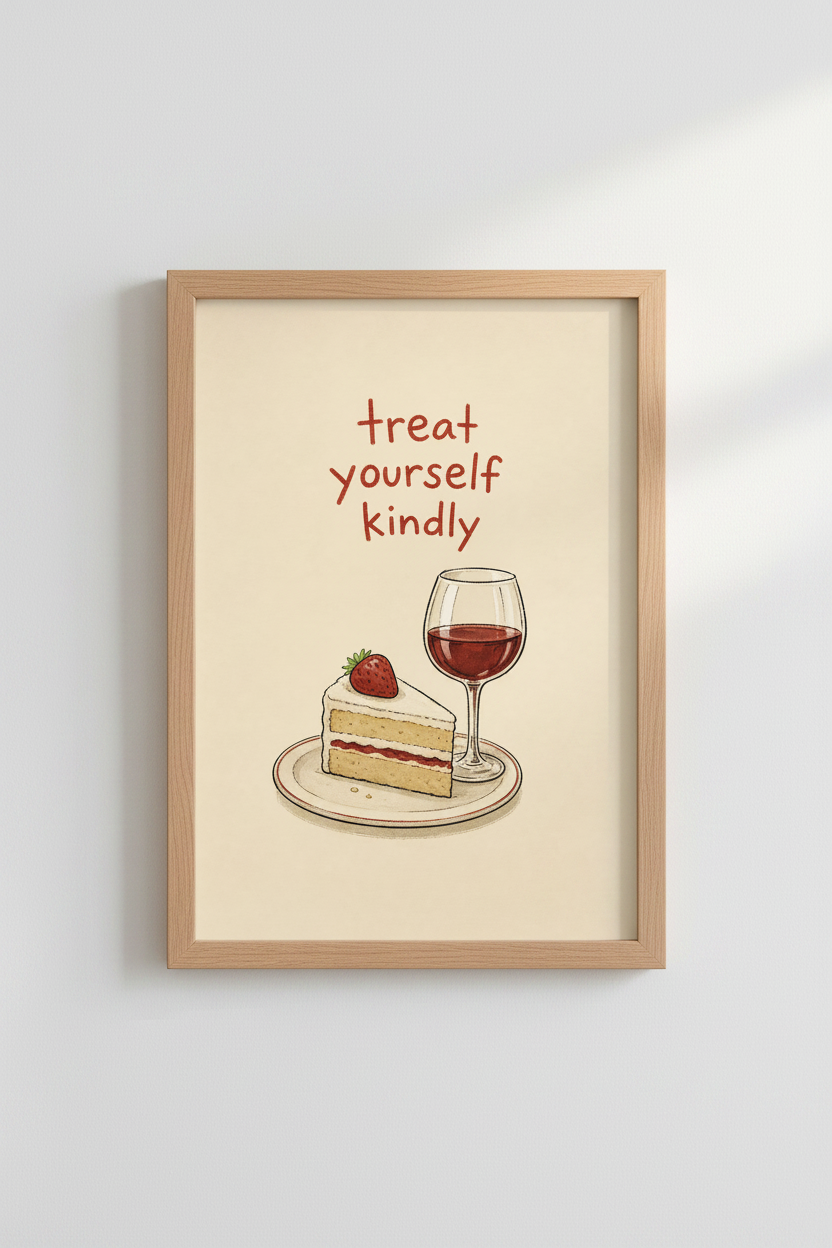 Treat Yourself Kindly Wall Art | Cake &amp; Wine Food Illustration, Kitchen Decor