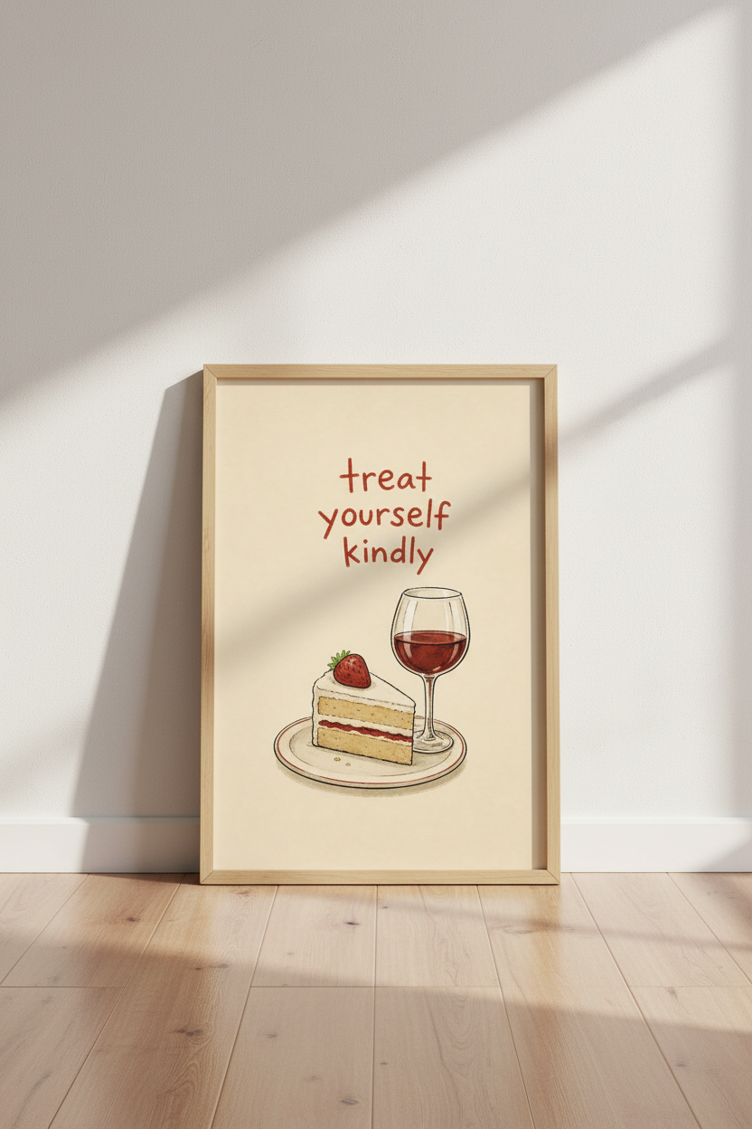 Treat Yourself Kindly Wall Art | Cake &amp; Wine Food Illustration, Kitchen Decor
