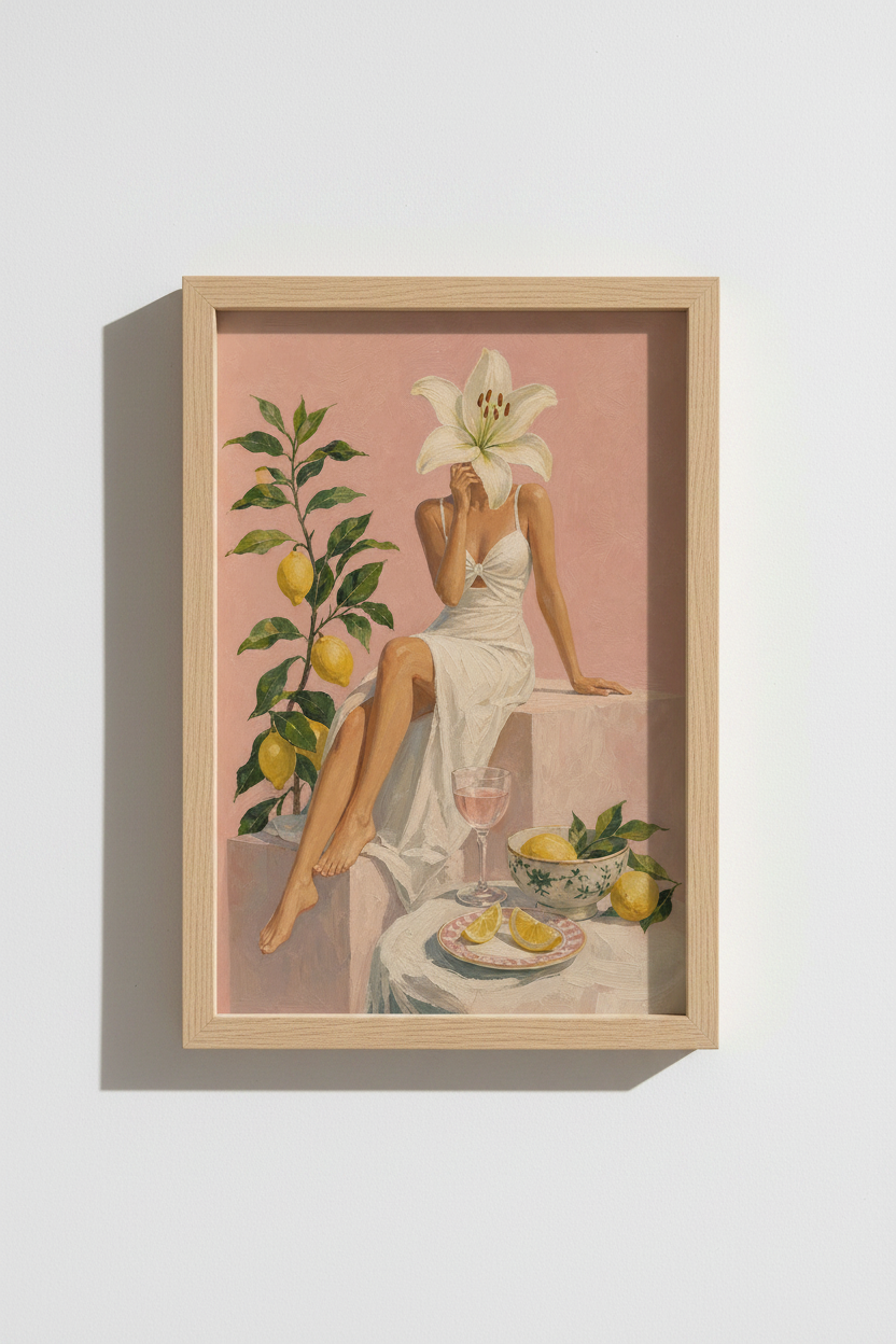 Pink Summer Wall Art Print | Surreal Lily Flower Woman &amp; Lemon Tree | Mediterranean Poster