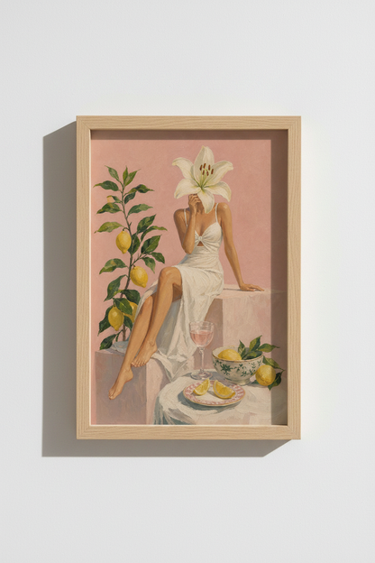 Pink Summer Wall Art Print | Surreal Lily Flower Woman &amp; Lemon Tree | Mediterranean Poster