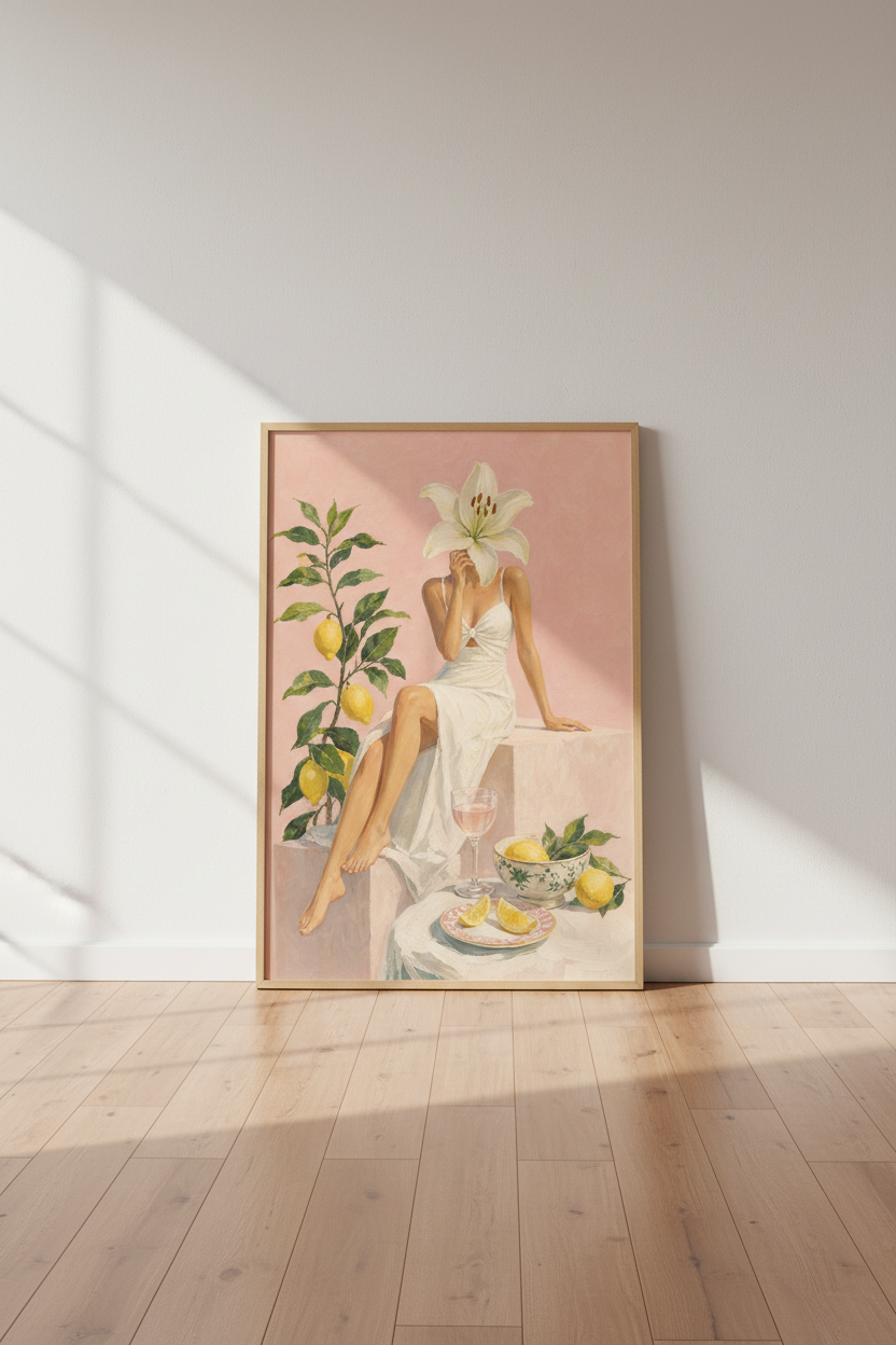 Pink Summer Wall Art Print | Surreal Lily Flower Woman &amp; Lemon Tree | Mediterranean Poster