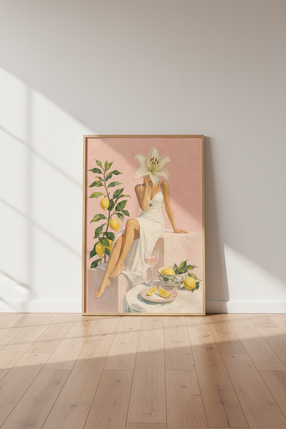 Pink Summer Wall Art Print | Surreal Lily Flower Woman &amp; Lemon Tree | Mediterranean Poster