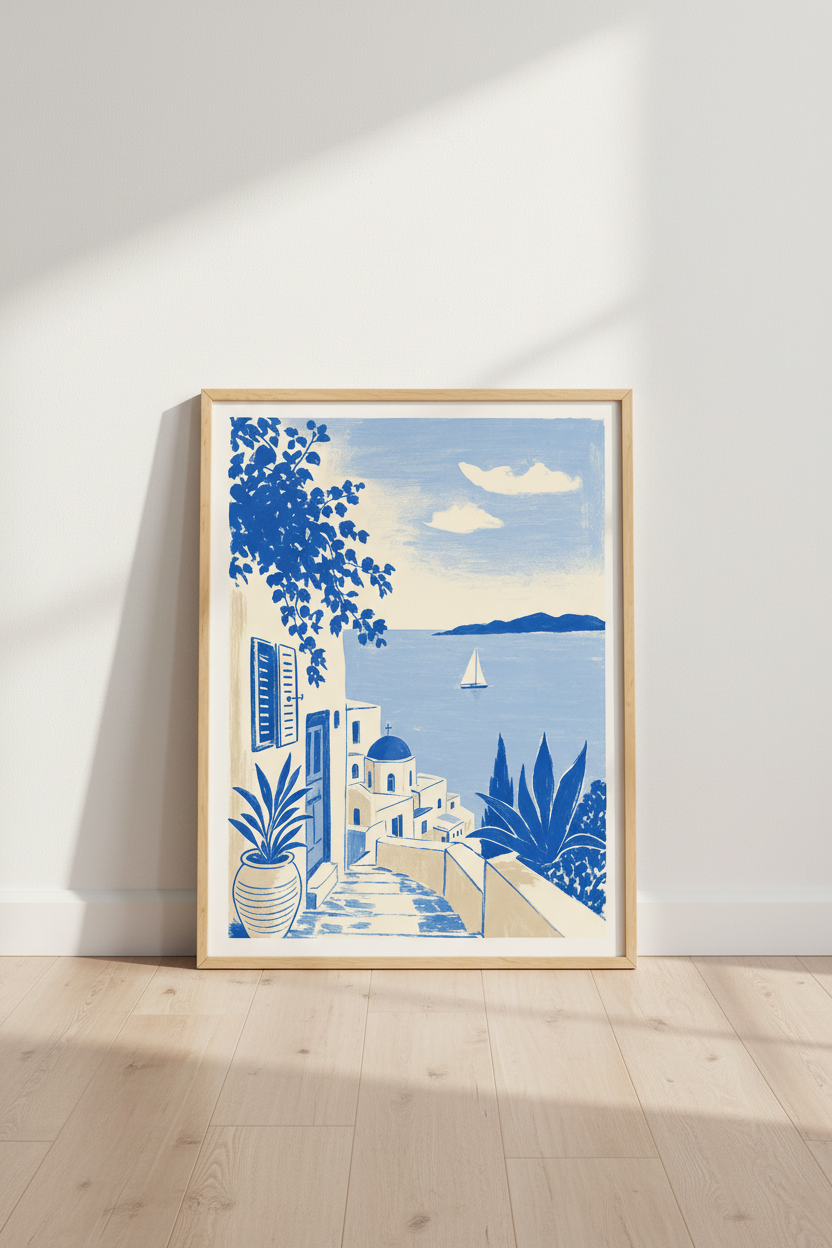 Greece Santorini Coastal Art | Blue &amp; White Mediterranean Print, Travel Decor