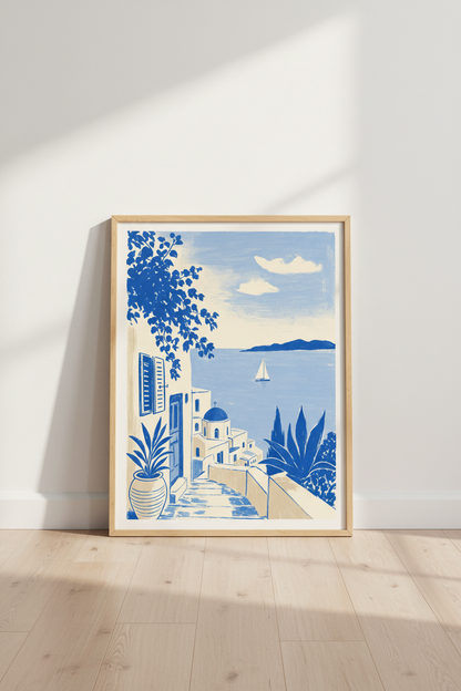 Greece Santorini Coastal Art | Blue &amp; White Mediterranean Print, Travel Decor